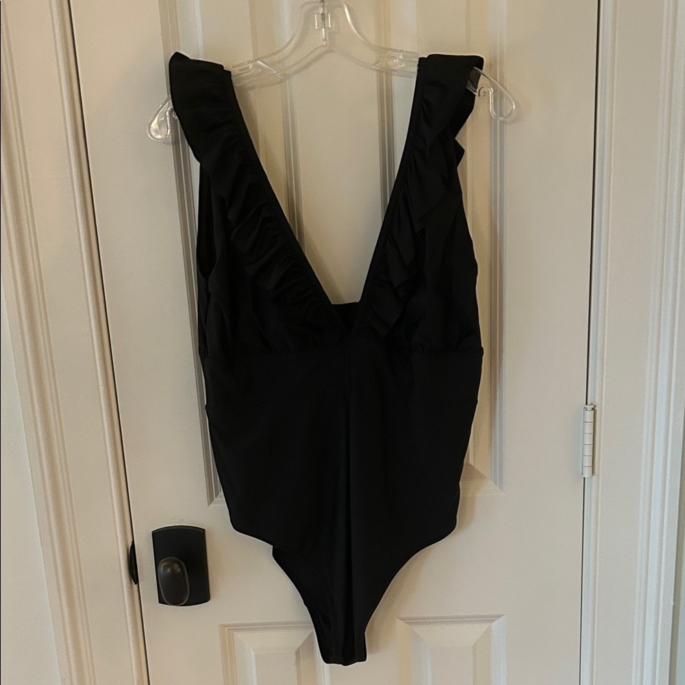 H&M Black Ruffled One-Piece Swimsuit XL
